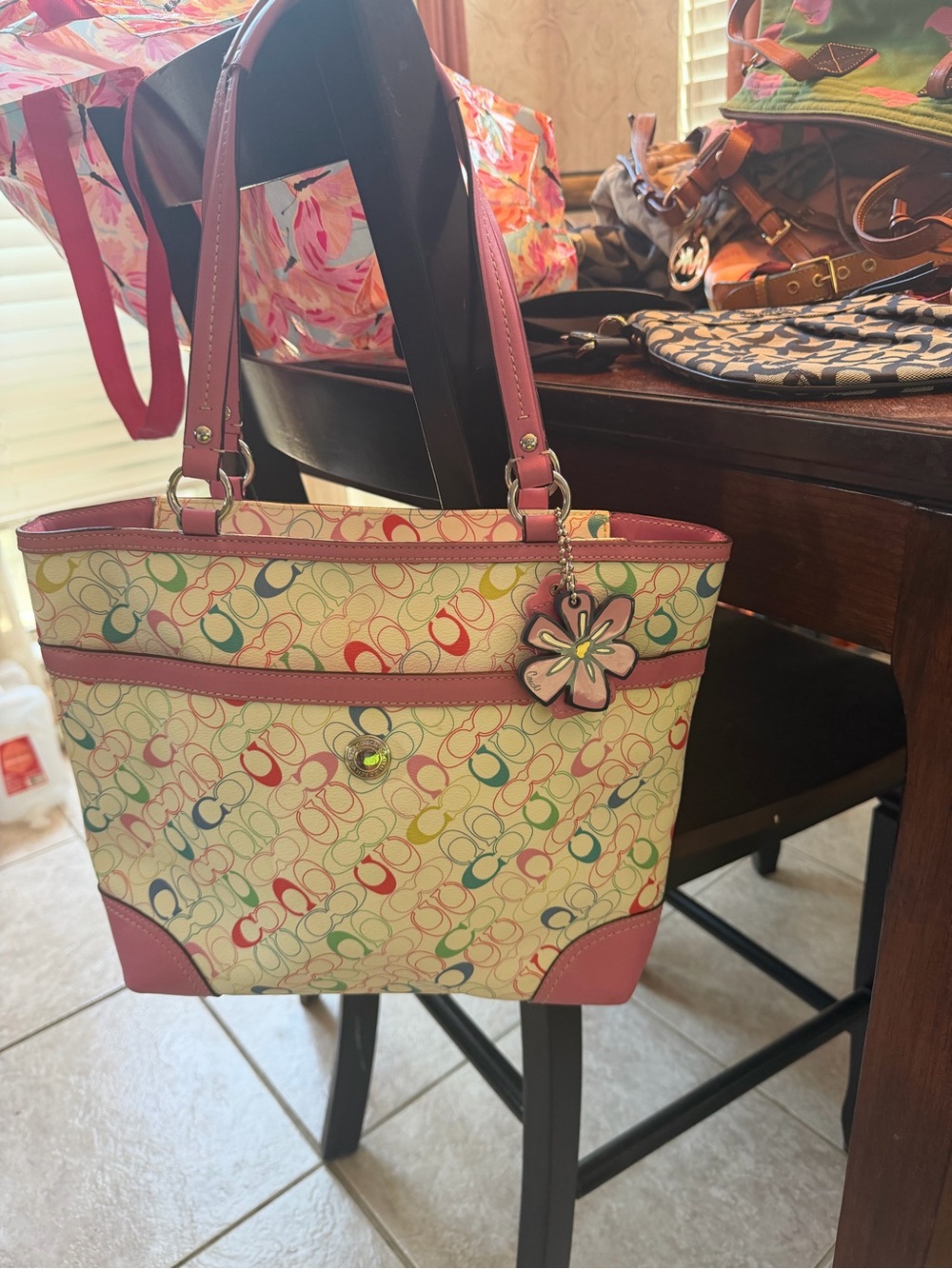 Coach Multicolor Signature Canvas Tote with Pink Trim